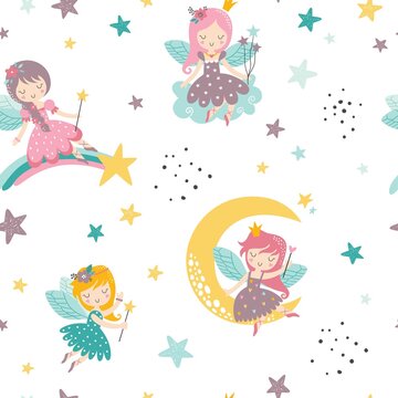 Vector seamless childish pattern with fairy, flowers, stars, moon and other elements. Fairy with a magic wand vector illustration. Seamless pattern with cartoon fairy for kids, girl.