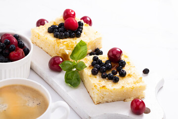 Cottage cheese casserole with berries. Сurd pie. Сheesecake and coffee