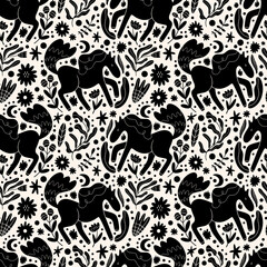 Scandinavian horses and flowers seamless pattern. Scandi folk animals ornament. Nursery rural print.