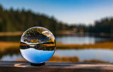 Crystal ball landscape shot at the famous Grosser Arbersee, Bayerisch Eisenstein, Bavarian forest, Bavaria, Germany