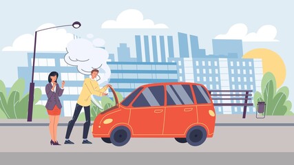 Vector flat cartoon characters in road accident scene.Car broke down,male owner trying to fix it,his girlfriend is worried.Web online banner design,city life scene,social story concept