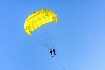 Parasailing at the Mediterranean sea in Turkey. Active and extreme recreation