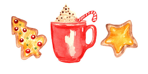 watercolor set mug of hot drink with caramel stick, ginger star and herringbone