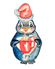 watercolor penguin in a red cap with a mug of hot cocoa