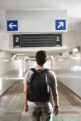 A man with a backpack stands on a platform in front of an information board