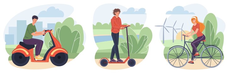 Flat cartoon characters on modern two-wheeled vehicles - young boys and girl ride on scooter and bicycle.Web online banner design set,modern city self transportation concept