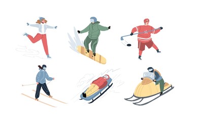 Vector flat cartoon characters of winter sport.
