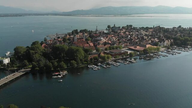 Aerial view of beautiful town "Lindau" in Germany, Bavaria with lake "Bodensee" 