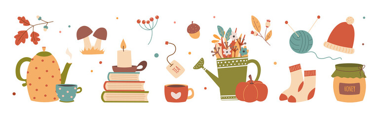 Autumn cute cozy design elements decorative bundle.