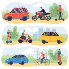 Flat cartoon characters on modern vehicles-happy young people ride on scooter,bicycle,segway,motorcycle,electric unicycle next to cars.Web online banner design set,modern city transportation concept