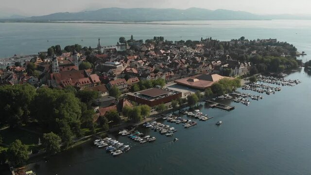 Aerial view of famous town Lindau on the island of lake "Bodensee"  in Germany, Bavaria