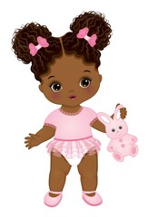 Little African American Baby Girl Holding Bunny Toy. Vector Cute Baby Girl