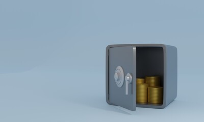 Illustration of opened safe and coins in it. Concept for finance, saving money, insurance. 3d rendering.