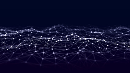 A wave of dots and lines of network connection. Technological background. 3D rendering.