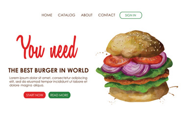 Web page design for Fast food, Street cafe, Restaurant menu, Junk food. Watercolor illustration of the burger with meat, cheese, tomato, lettuce. Perfect for poster, banner, flyer, menu, website. - obrazy, fototapety, plakaty
