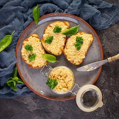 Delicious toasts with homemade chicken rillettes. Sandwich snack  with chicken pate on wooden background. Top view