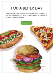 Promo flyer with pizza, hot dog, hamburger. Fast food, nutrition, cooking, breakfast menu. Vector illustration for banner, poster, special offer, menu.