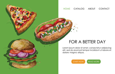 Web page design template for fast food. Pizza, hot dog, hamburger.   Vector illustration for poster, banner, website development, flyer, menu.