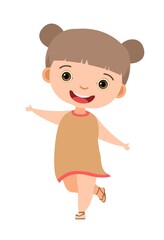 Child funny. Little girl. In fashinable clothes. Kid jumps for joy. Charming active cute character. Cute kid. Face wobble smile. Cartoon style. Isolated on white background. Vector