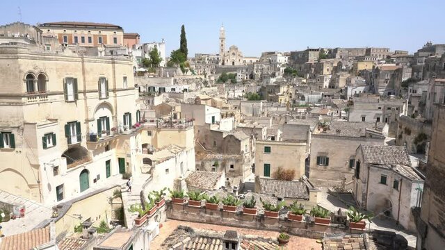 Panoramic view of the "Sassi district" in Matera, in the region of Basilicata, in Southern Italy.