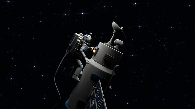 Astronaut in open space works with satellite. Spaceman floating in orbit. 3d looped cartoon animation.