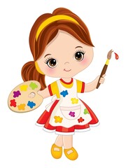 Vector Little Girl Holding Palette and Paint Brush. Vector Little Artist