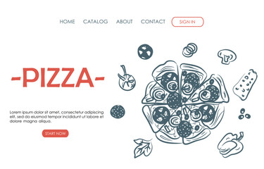 Web page design template for fast food. Pizza, cheese, tomato, olives, basil, salami, and mushrooms. Vector illustration for poster, banner, website development, flyer, menu. - obrazy, fototapety, plakaty