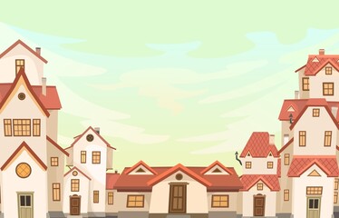 Cartoon houses in the evening. Village or town. Frame. A beautiful, cozy country house in a traditional European style. Nice funny home. Rural building. Illustration Vector