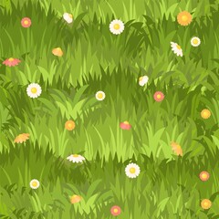 Seamless pattern. Meadow with dense grass and flowers close-up. Wild green rural plants. Cartoon style. Flat design. Uncut lawn. Vector illustration. art