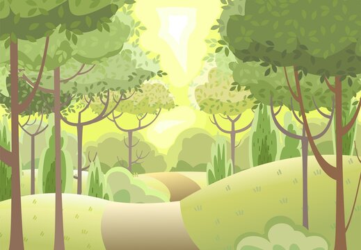 The road into the distance. Amusing beautiful forest landscape. Cartoon style. The path through the hills with grass. Trail. Cool romantic pretty. Flat design illustration. Vector art
