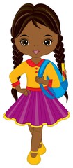 Cute School Teen African American Girl Holding Backpack. Vector School Girl with Rucksack