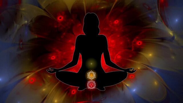 Meditating woman enlightenment, lotus and colored chakra symbols, video