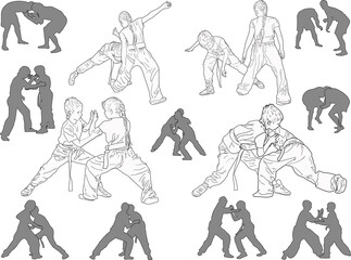 hand-to-hand fighters dark outlines set