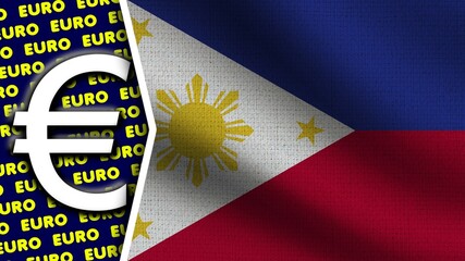 Philippines Realistic Wavy Flag, Euro Logo and Titles, Circle Neon Effect Fabric Texture 3D Illustration