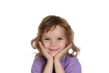 portrait of a little curly girl on a white background isolate