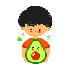 Cute funny boy hold avocado in hand. Little boy hugs cute avocado. Isolated on white background