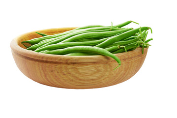 fresh green beans in a wooden bowl isolated on white background.