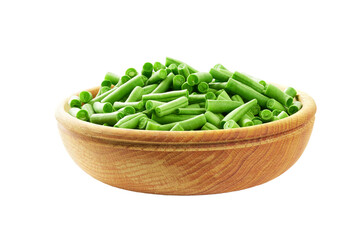 chopped green beans in a wooden bowl isolated on white background.