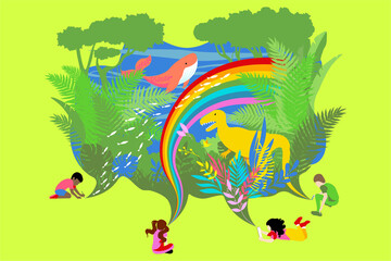 Education in the Future - children drawing a forest with animals and rainbows