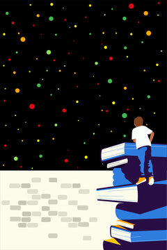 Education in the Future -  children on a pile of books looking at the starry sky through a wall