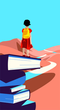 Education in the Future -  girl on a stack of books looking at the landscape
