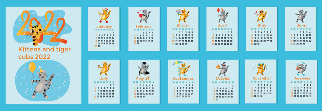 Calendar design for 2022. Kittens and tiger cubs. Adorable animals with monthly seasonal activities. Calendar design concept with cartoon kitten and tiger - symbol 2022. Vector set for 12 months.