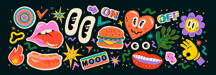 Abstract shapes, funny comic cute characters and doodles. Trendy modern illustration for poster, postcard or background