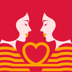 Diversity Couple - bust silhouette of two women - face to face - facing - heart graphics on red background