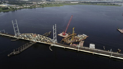 Aerial view of River Draw, the bridge connecting South Amboy and Perth Amboy, NJ over  Raritan Bay