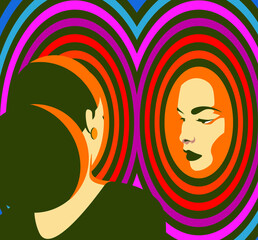 Global Health - Drug Abuse - drugged woman looking at herself in psychedelic mirror
