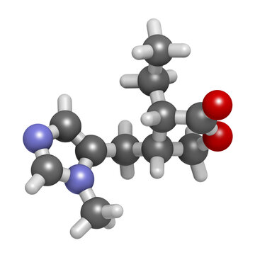 Pilocarpine drug molecule. 3D rendering. Atoms are represented a