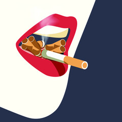 Global Health - Drug Abuse - womens mouth full of cigarette butts like ashtray