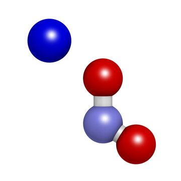 Sodium nitrite, chemical structure. Used as drug, food additive (E250), etc. 3D rendering