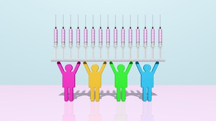 eine Gruppe Menschen hält ein Tablett mit vielen Spritzen